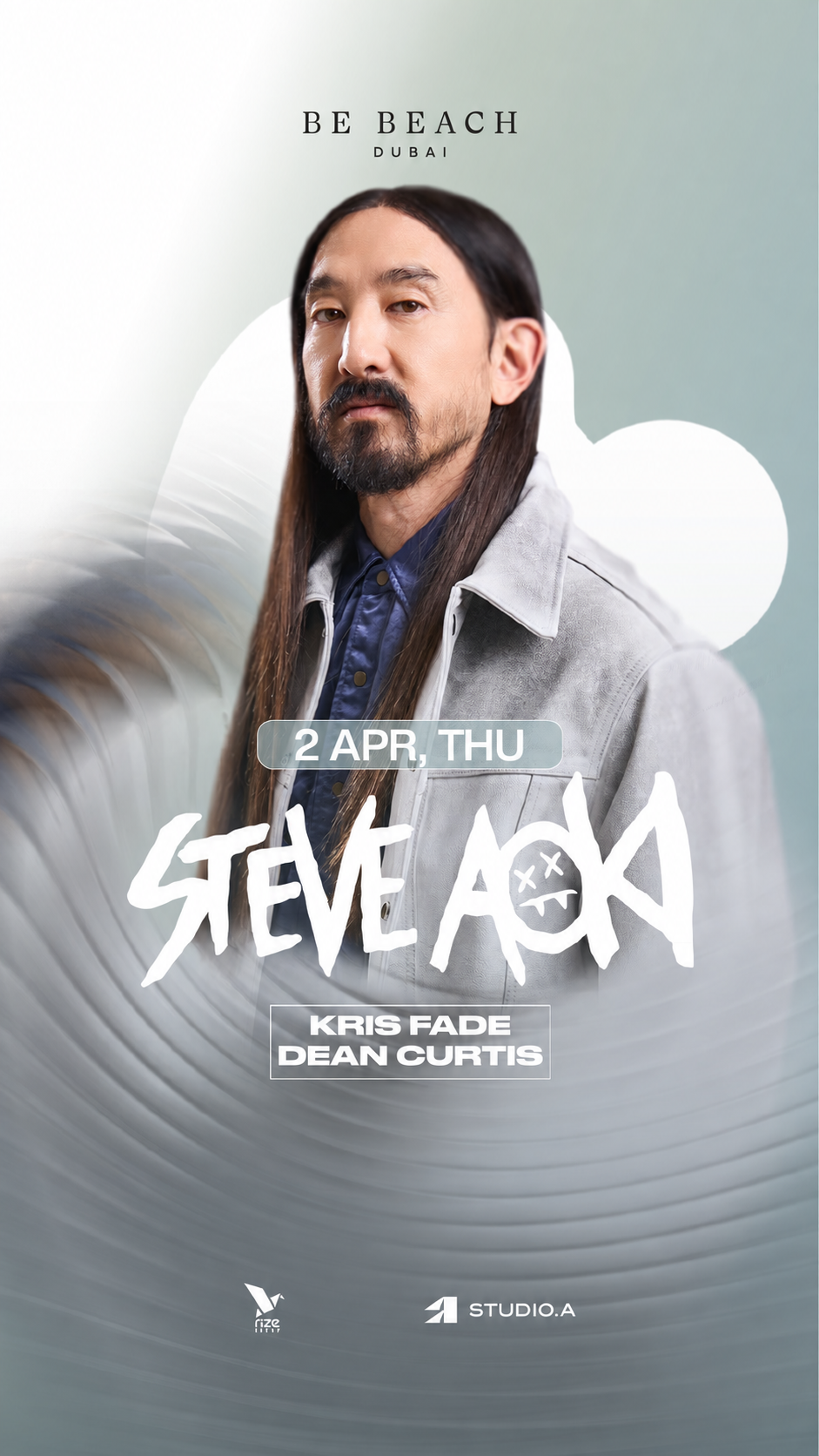Steve Aoki at Be Beach, with Kris Fade and Dean Curtis. Supplied flyer: Thursday 2 April.